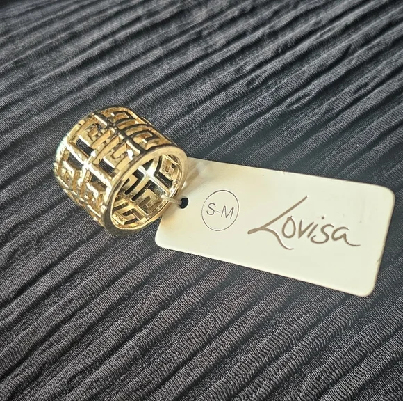 Gold Tone Greek Key Statement Ring with Wide Band - Picture 2 of 2